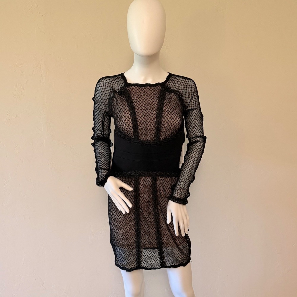 NWT Free People Black Lace Fishnet Mini Dress Long Sleeve Nude Lining Size XS